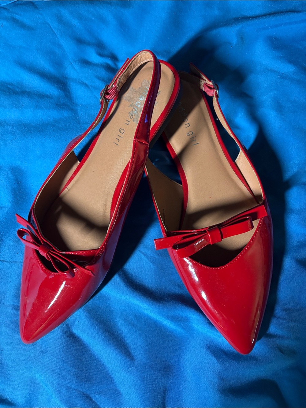 Red Patent Pointed-Toe Slingback Flats with Bow